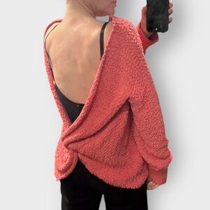 Pink Twist Back Sweater Reversible Boucle Popcorn Knit Size Large Soft Bubblegum